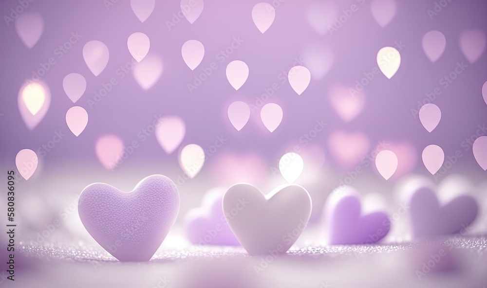  a group of hearts sitting on top of a table next to a wall of hearts in the background of a purple 