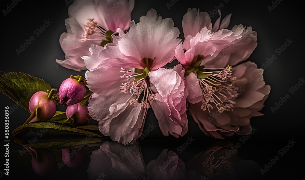  a close up of some pink flowers on a black surface with a reflection on the surface of the image an