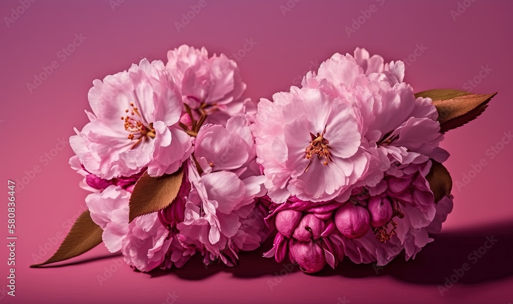  a group of pink flowers sitting on top of a pink table top next to a pink wall and a green leafy pl