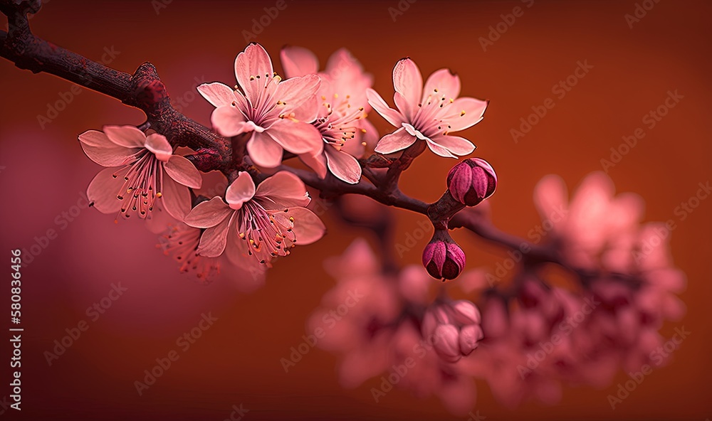  a branch with pink flowers on it against a red and orange background with a blurry background of th