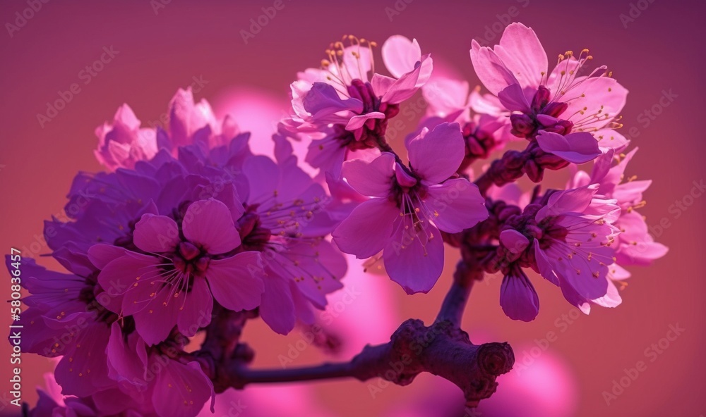  a close up of a purple flower on a branch with a pink sky in the background of the picture and a pi