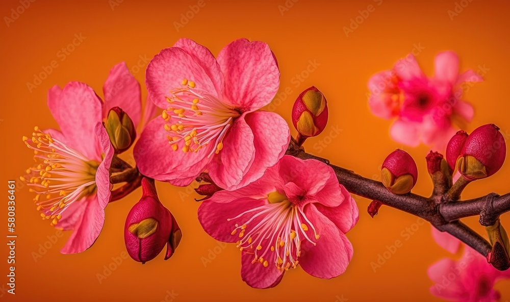  a branch of a tree with pink flowers on an orange background with space for text or image, with a r