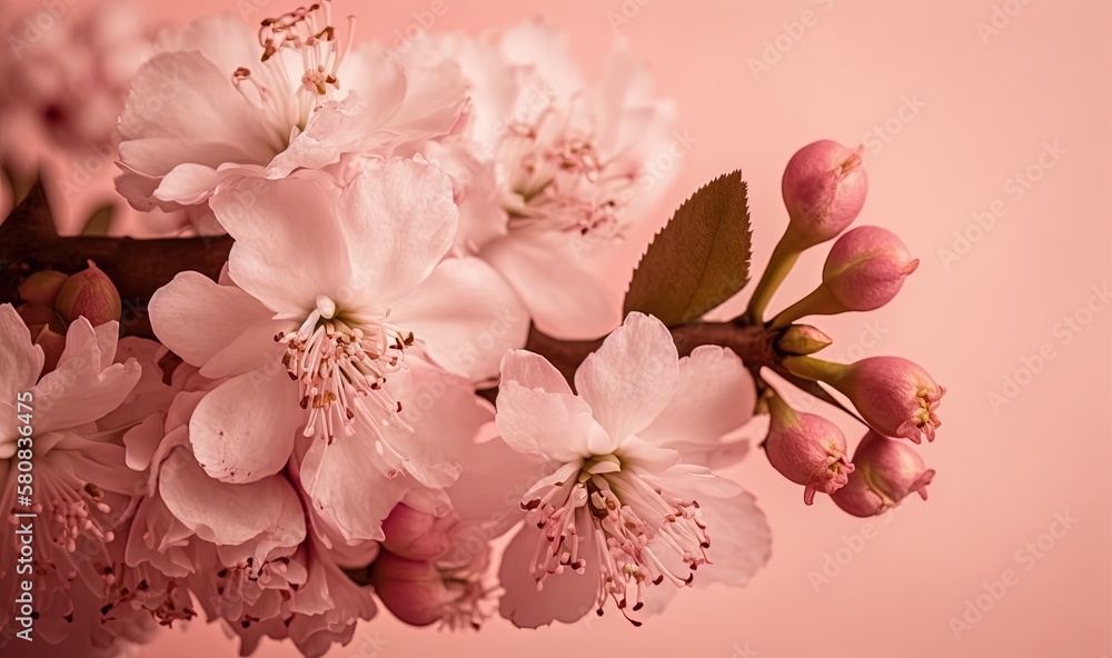  a bunch of flowers that are on a branch in the day time light pink background with a soft pink colo