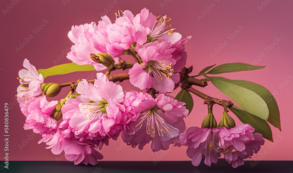  a pink flower with green leaves on a pink and pink background with a green stem and leaves on the b