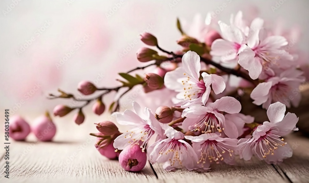  a bunch of pink flowers sitting on top of a wooden table next to a vase with flowers in it on top o