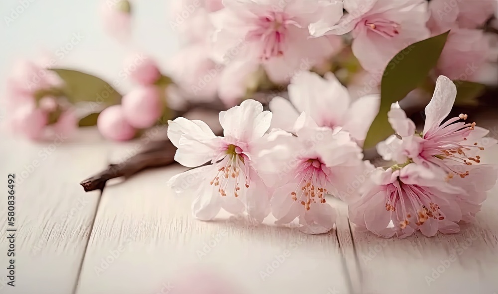  a close up of a bunch of flowers on a wooden table with leaves and flowers in the middle of the fra