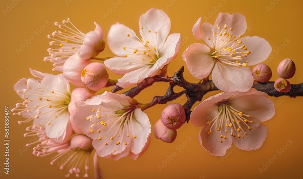  a branch of a flowering tree with pink flowers on a yellow background with yellow stamens and yello