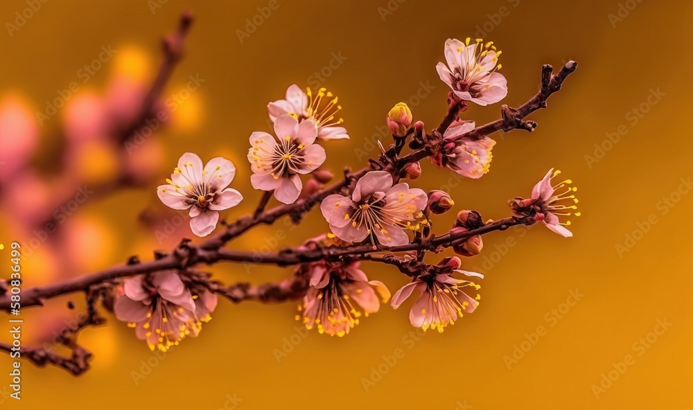  a branch with pink flowers on it against a yellow background with a yellow back drop of light comin