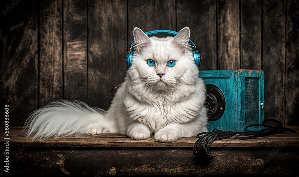  a white cat with blue eyes sitting on a table with headphones around its neck and a speaker in fron