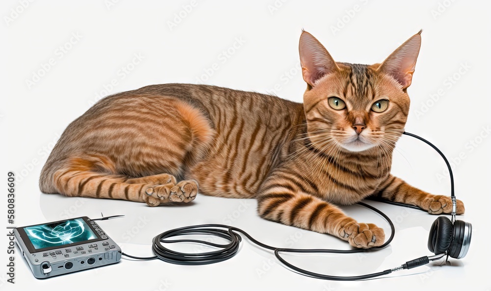  a cat laying on the ground next to a radio and headphones on a white background with a white backgr