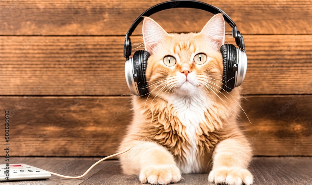  a cat wearing headphones sitting on a table next to a remote control and a remote control on the fl