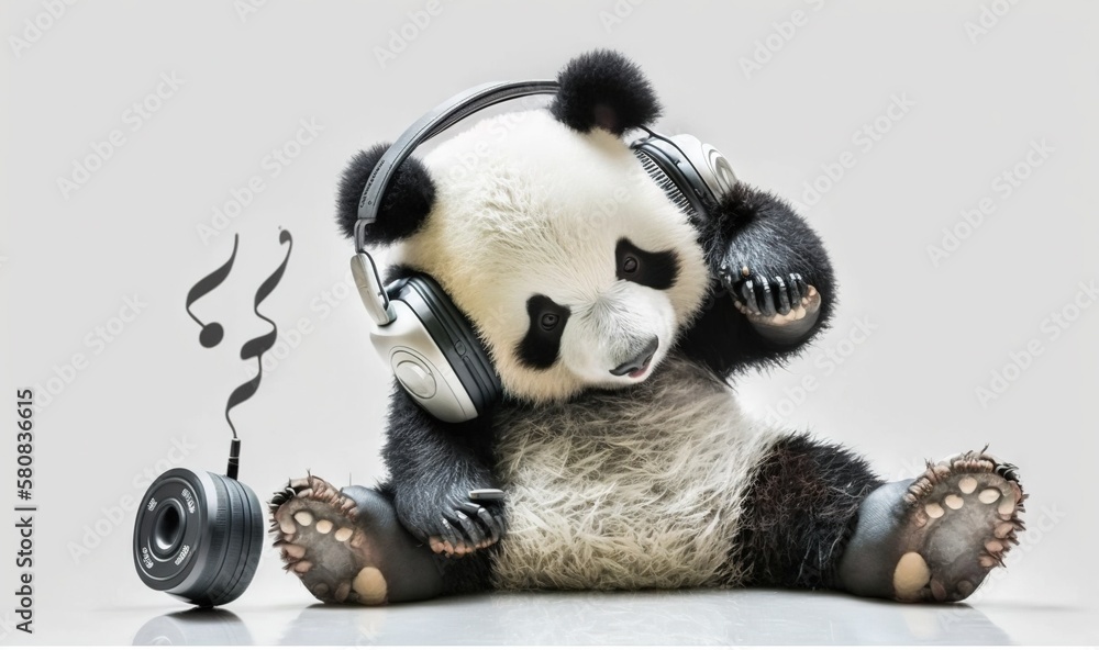  a panda bear with headphones sitting on the ground with a music note in its mouth and a microphone 