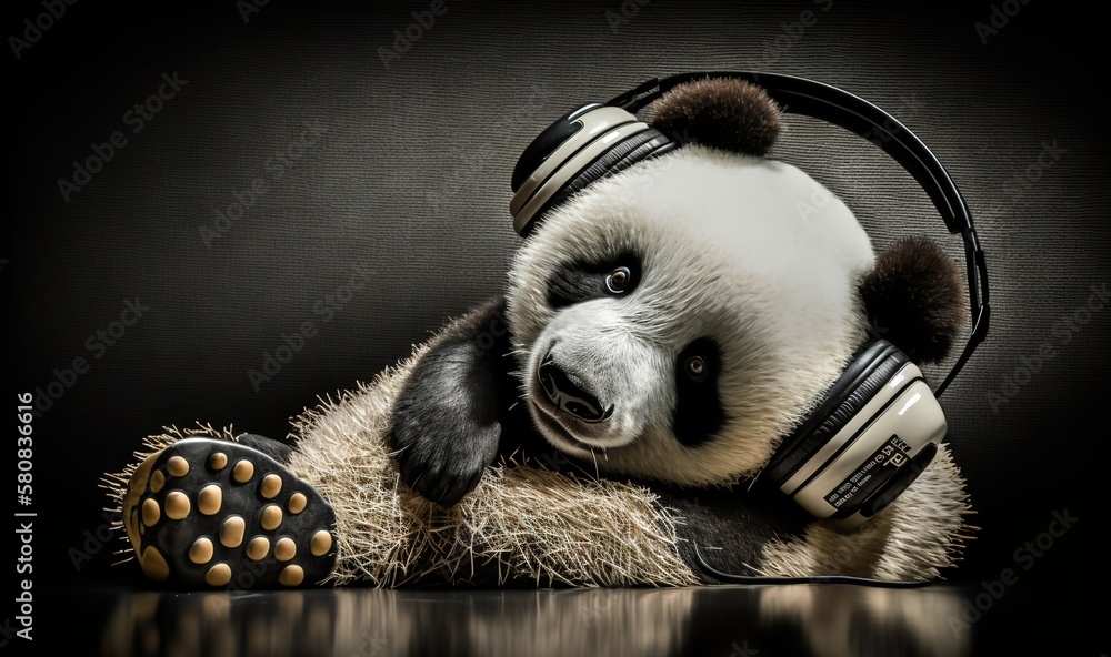  a panda bear with headphones resting its head on a ball of hay with a black background and a black 