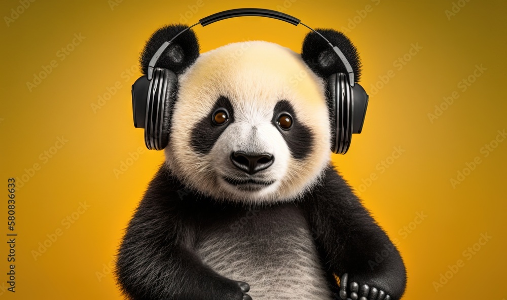  a panda bear wearing headphones and holding a pair of headphones on its back, with a yellow backgro