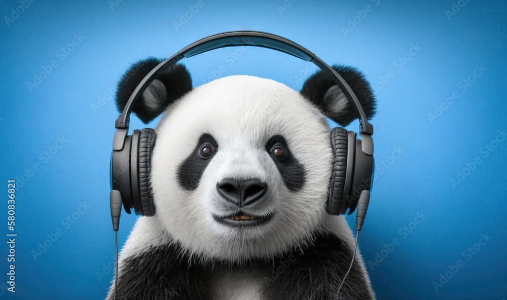  a panda bear wearing headphones and listening to music on a blue background with headphones on its 