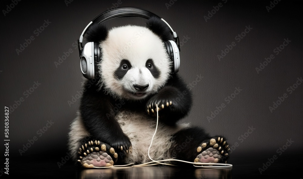  a panda bear wearing headphones and sitting on the ground with its paws on the ground and headphone