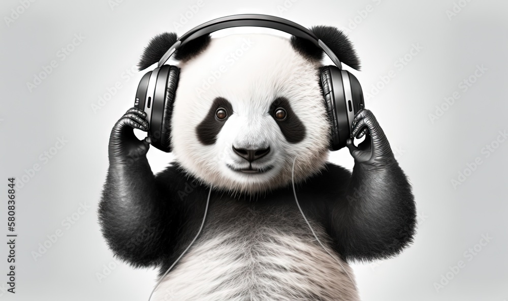  a panda bear wearing headphones and holding its ears to the side with its paws and headphones on it