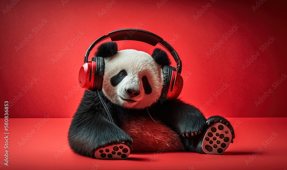  a panda bear wearing headphones and sitting on a red surface with its paws on the ground and its he