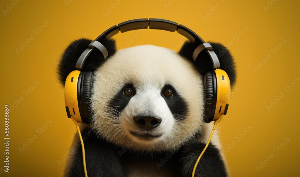  a panda bear wearing headphones and looking at the camera with a surprised look on its face, with a