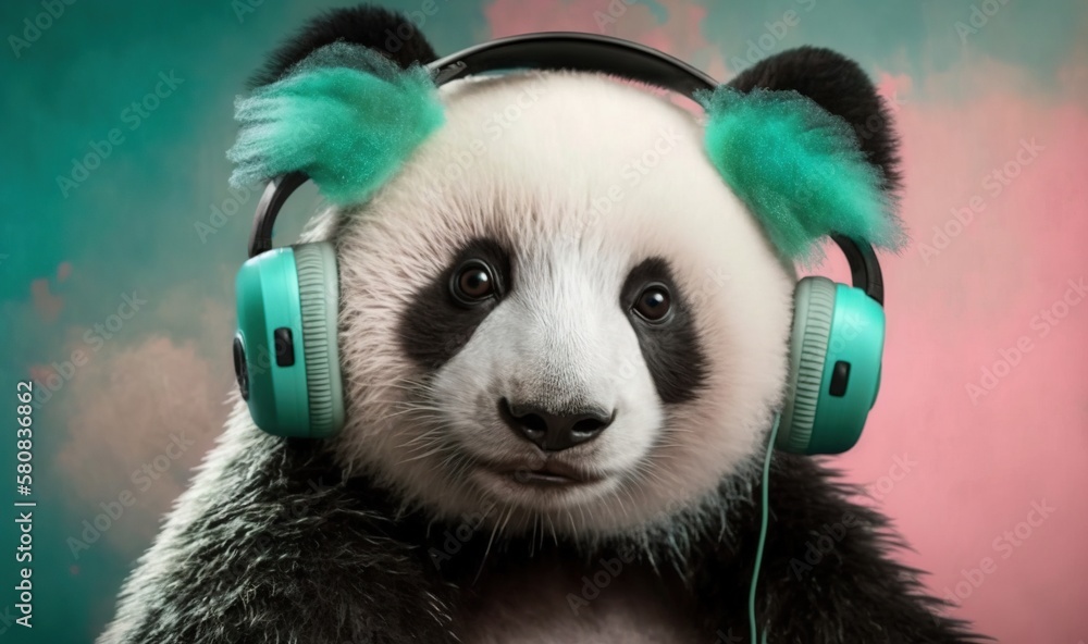  a panda bear wearing headphones and green ear muffs with a pink wall in the background and a pink w