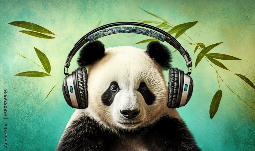  a panda bear wearing headphones and listening to music on a green and blue background with bamboo l