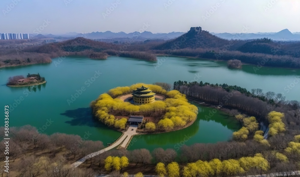  an aerial view of a lake surrounded by trees and a building in the middle of the lake is surrounded