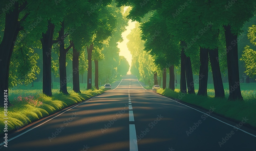  a painting of a road lined with trees and grass, with a car driving down the middle of the road in 