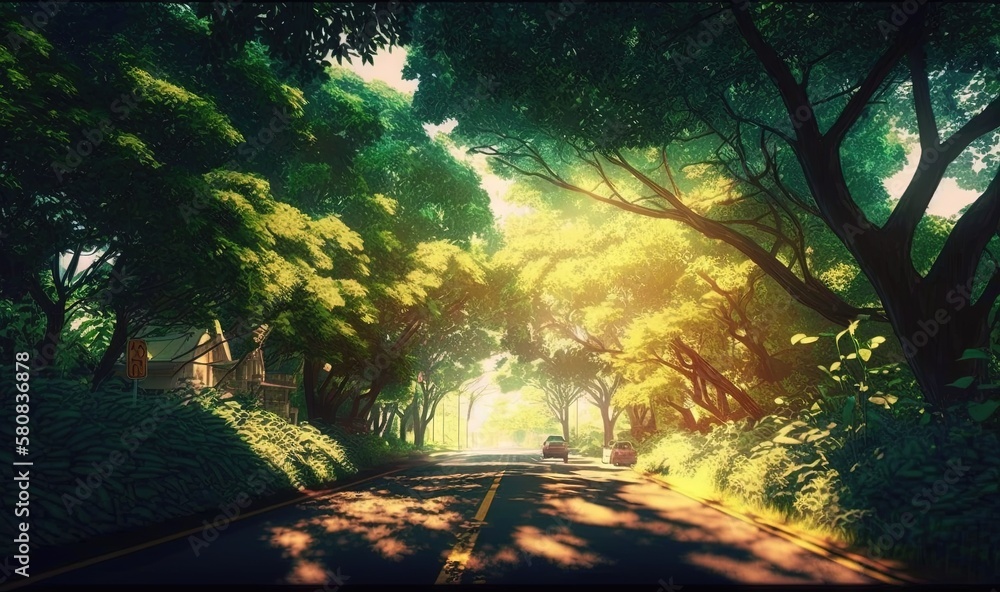  a car driving down a road surrounded by lush green trees and a lush green forest on both sides of t