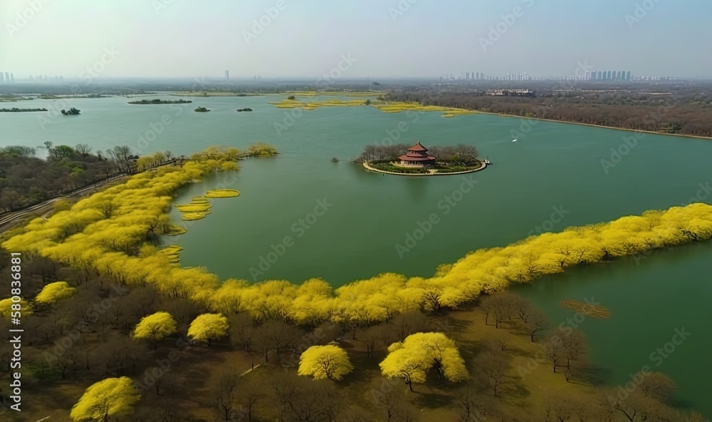  a large body of water surrounded by trees and a small island in the middle of the water with a red 