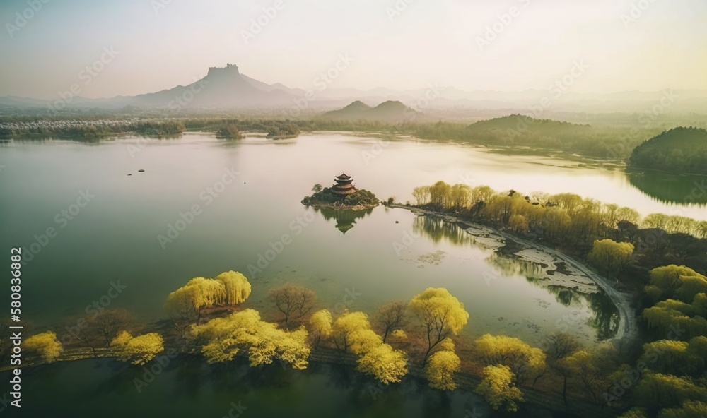  an aerial view of a lake surrounded by trees and mountains in the distance, with a small island in 