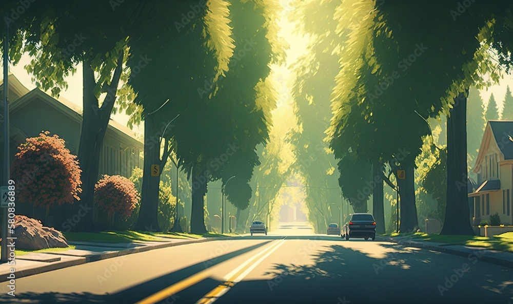  a car driving down a street next to a forest filled with green trees on a sunny day in a small town