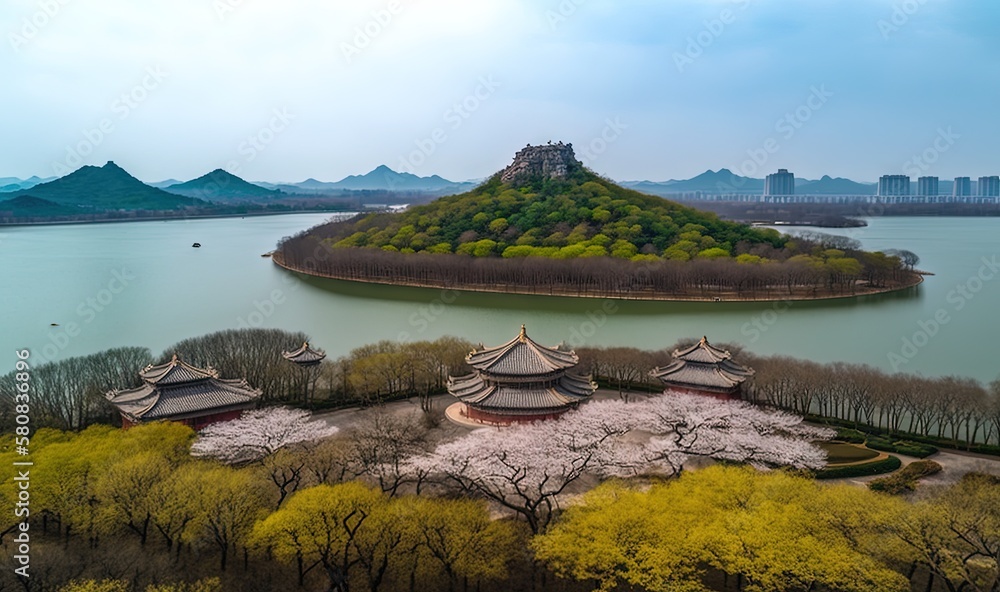  a small island surrounded by trees in the middle of a lake with mountains in the background and a s