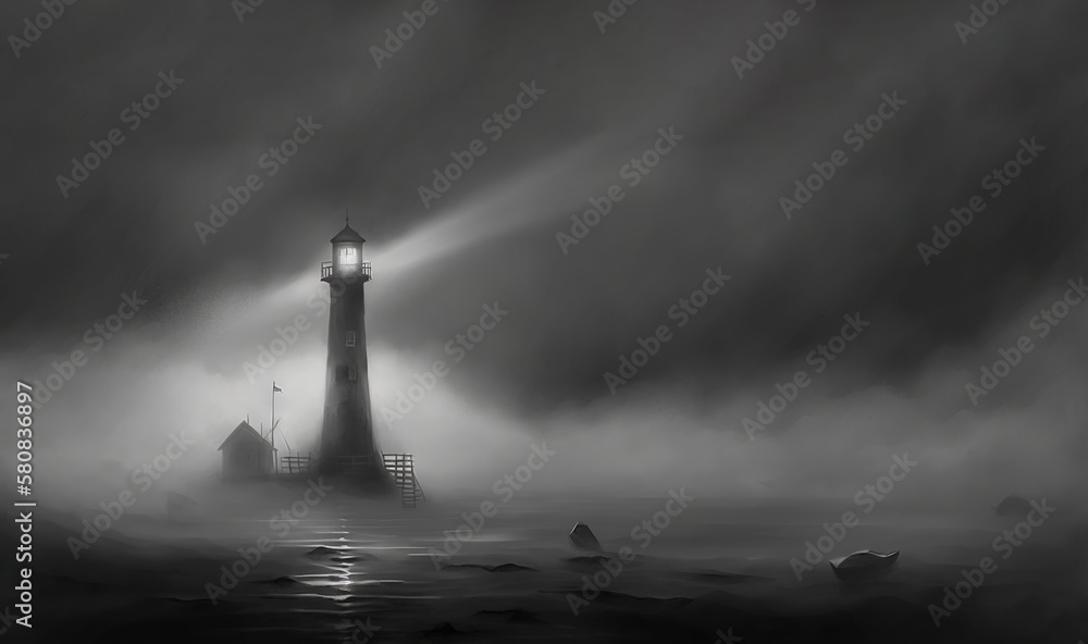  a black and white photo of a lighthouse on a foggy day with a boat in the water and a light house i