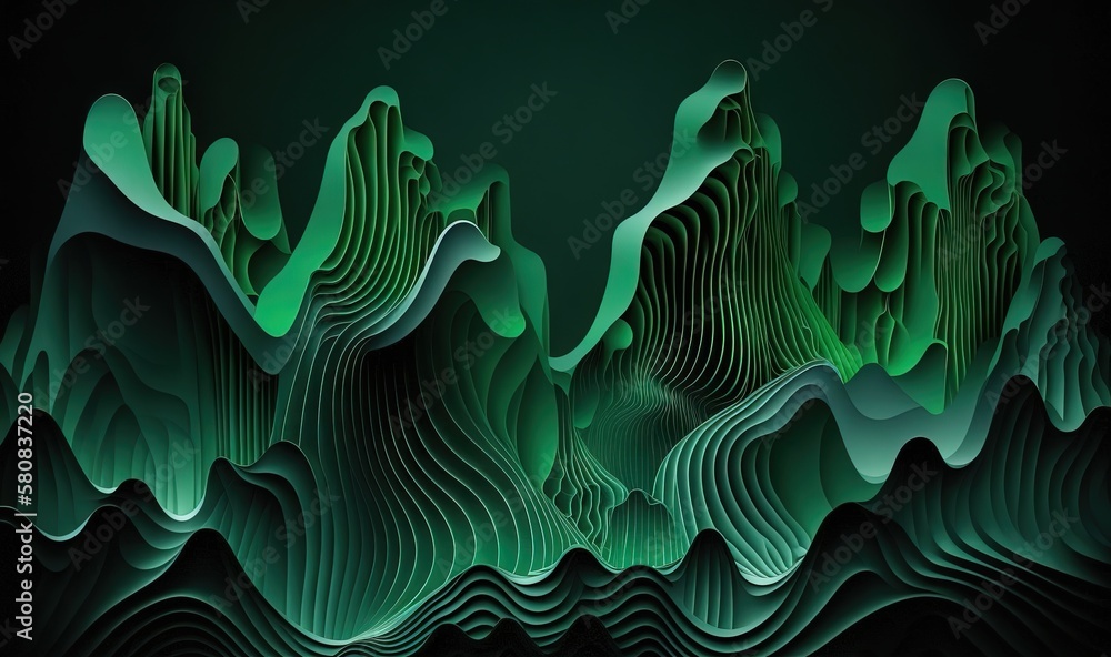  a green abstract background with wavy lines and mountains in the distance, with a dark background a