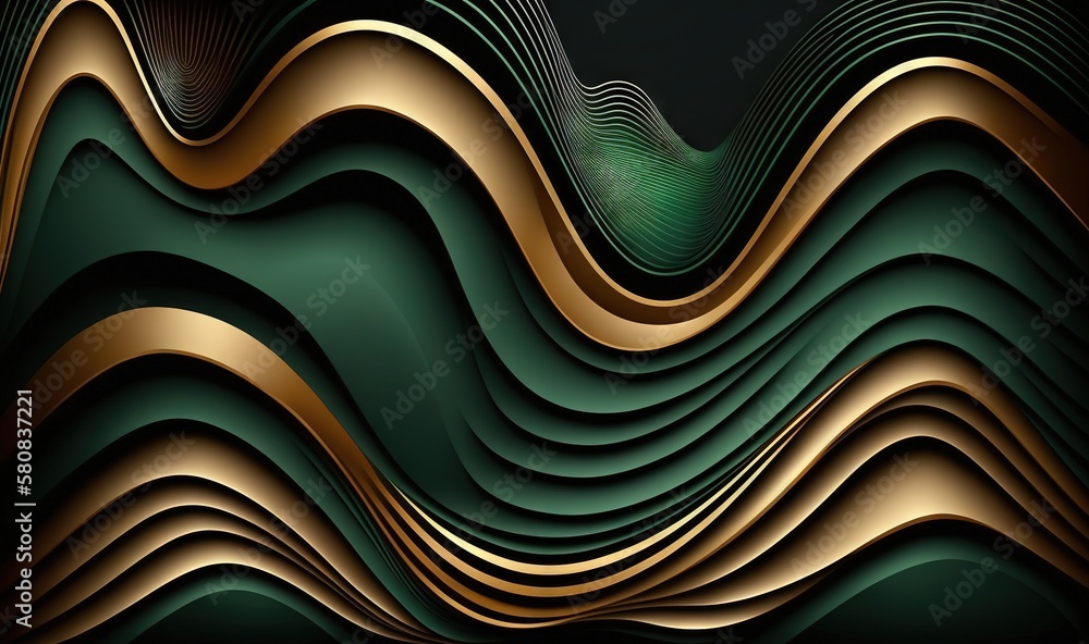  an abstract image of a wavy green and gold wave pattern on a black background with a green and gold