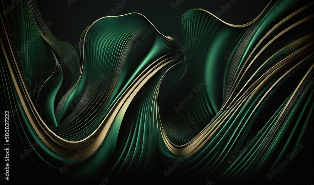  a green and gold abstract background with wavy lines on a black background, with a black background