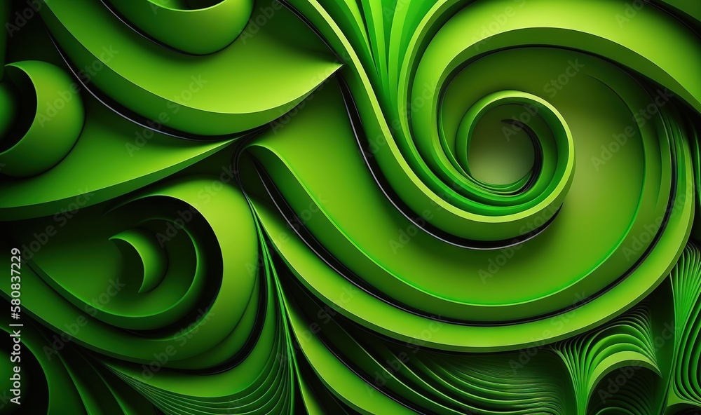  a green abstract background with wavy shapes and curves in the center of the image, with a black ba