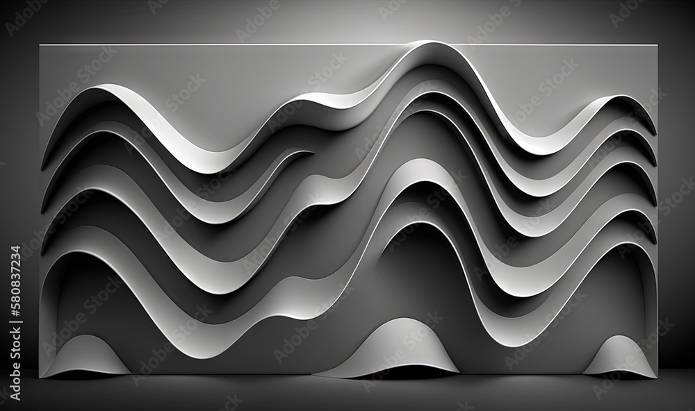  a black and white photo of an abstract wave pattern on a wall in a dark room with a light coming fr