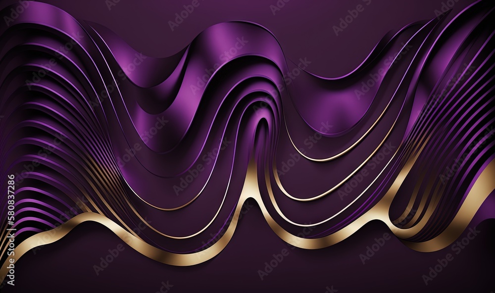  a purple and gold abstract background with wavy lines and curves on a black background with a gold 