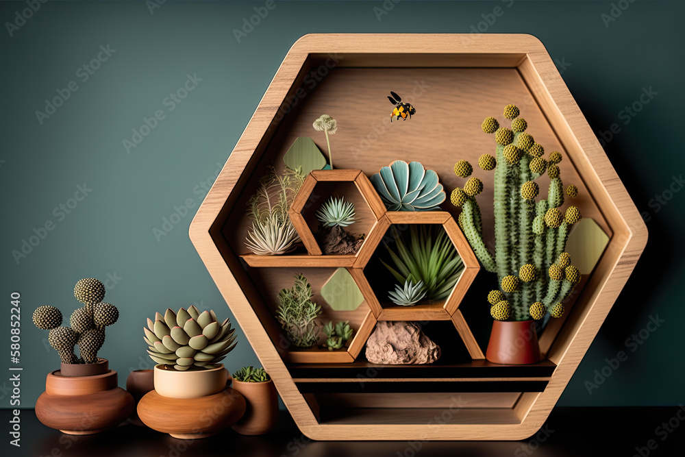 wooden Hexagon shelf with plants copy space for mockup. Illustration AI Generative