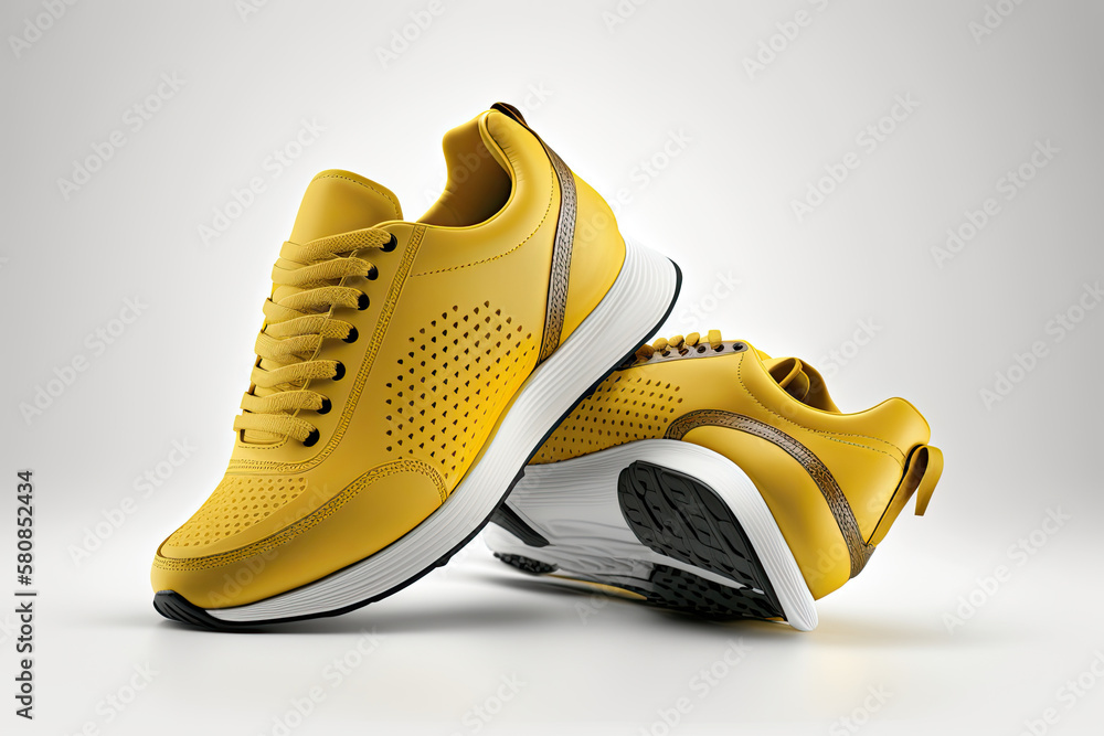 Flying yellow leather womens sneaker isolated on white background. Illustration AI Generative