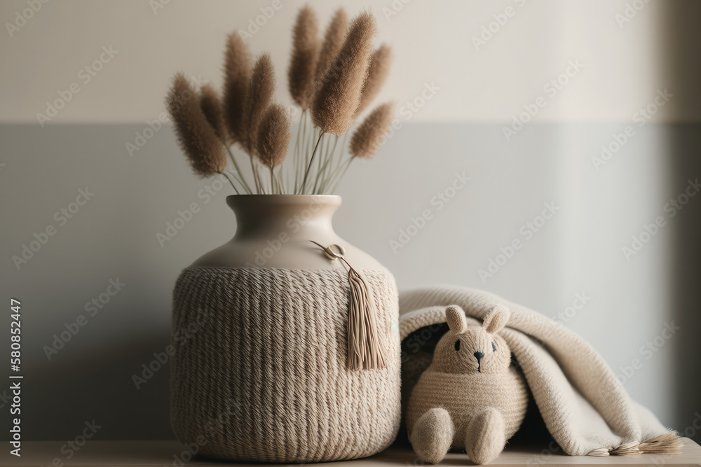 Rabbit tail grass in beautiful tan vase wooden storage. Illustration AI Generative