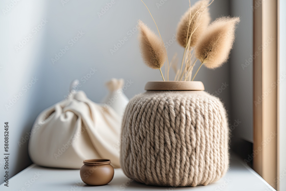 Rabbit tail grass in beautiful tan vase wooden storage. Illustration AI Generative