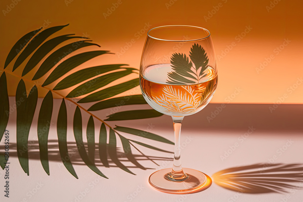 White wine glass peach color glass on beige background. Illustration AI Generative