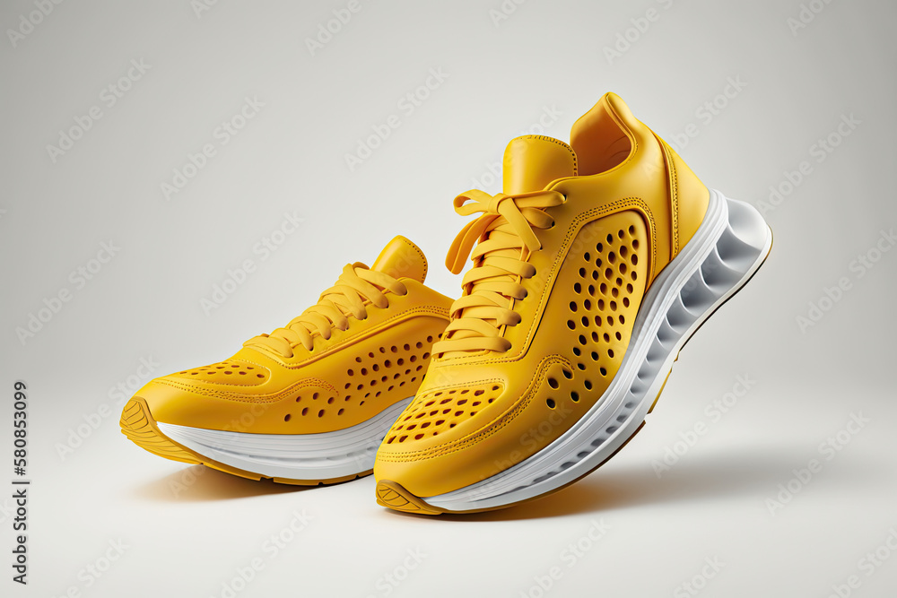 Flying yellow leather womens sneaker isolated on white background. Illustration AI Generative