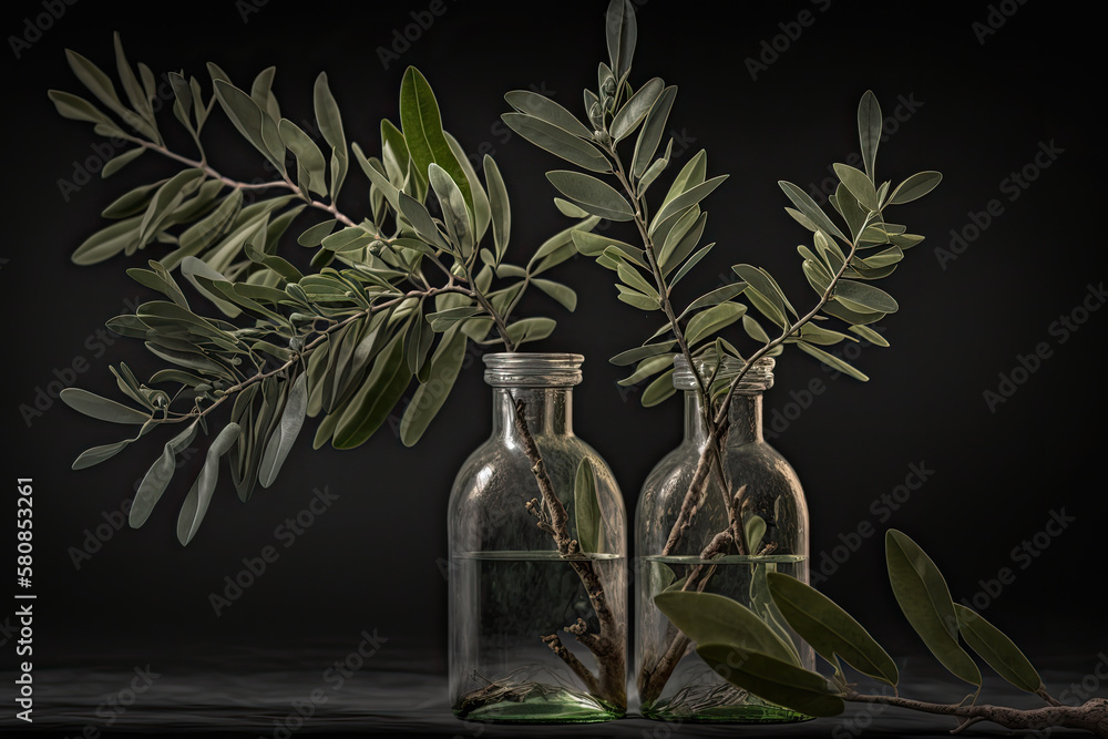 Two olive branches in glass bottles. Illustration AI Generative