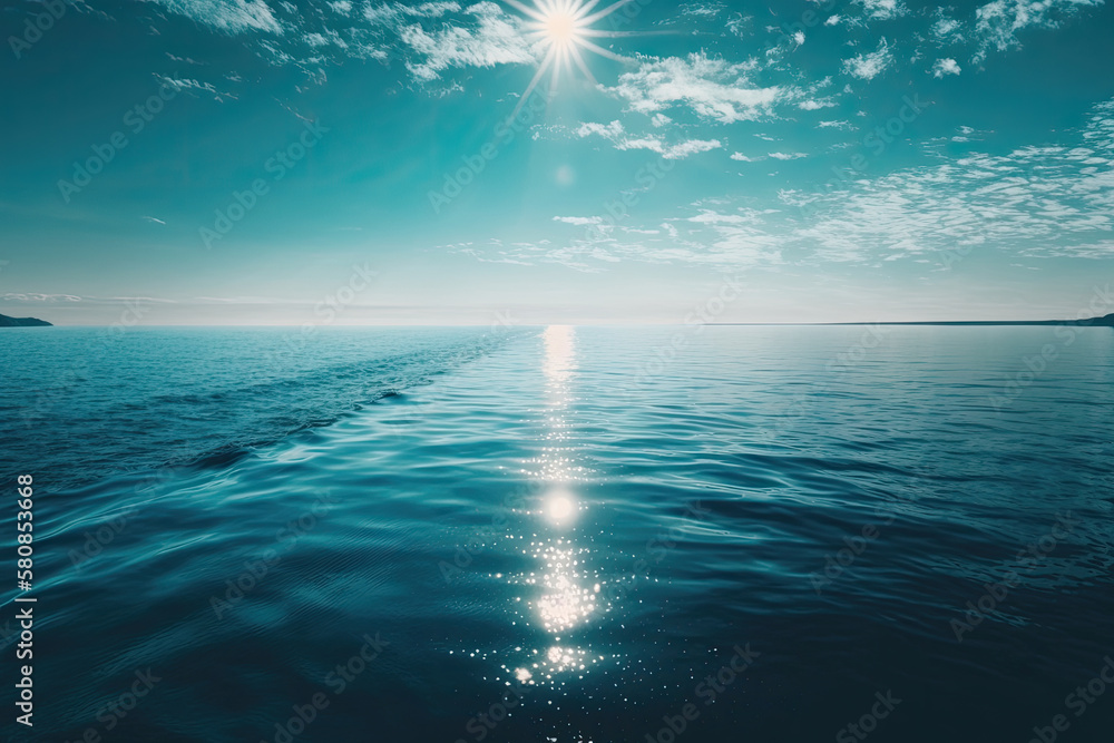 Sunny Sky Over Calm Water Of Sea Or Ocean. Natural Lands. Illustration AI Generative