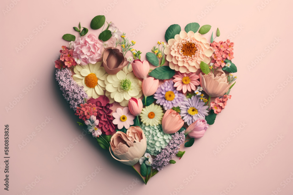 Heart surrounded with fresh colorful flowers on pastel. Illustration AI Generative