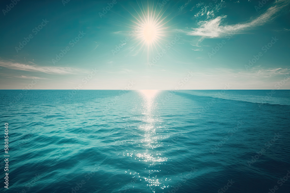 Sunny Sky Over Calm Water Of Sea Or Ocean. Natural Lands. Illustration AI Generative