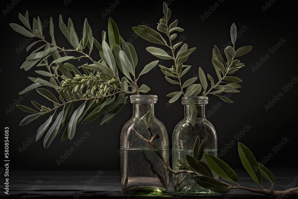 Two olive branches in glass bottles. Illustration AI Generative